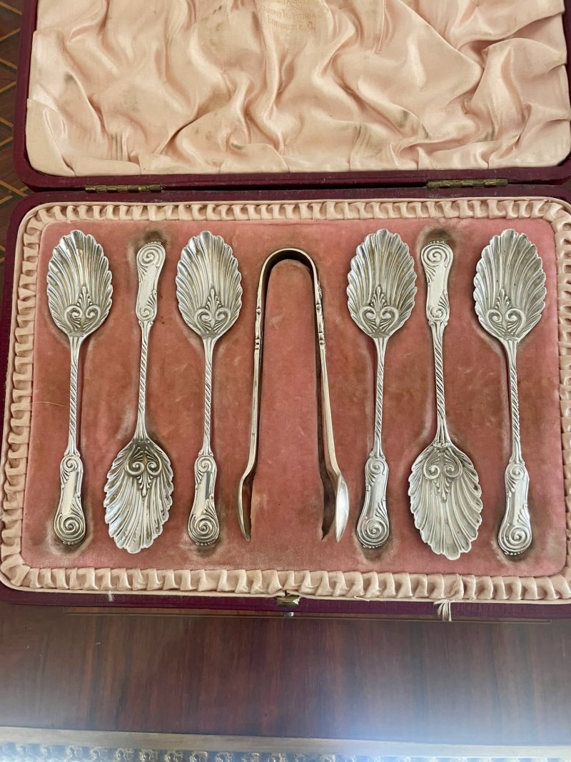 Set of Quality Antique Victorian Solid Silver Spoons and Sugar Tongs - Image 9